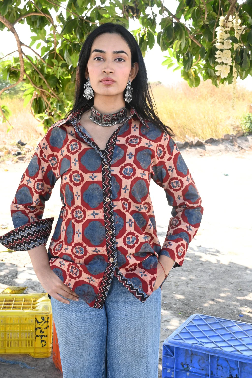Blue brick ajrakh shirt - Ov - Image 3