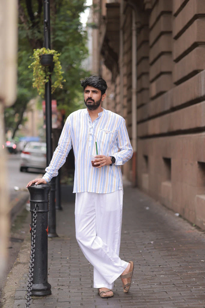 White and Blue stripe Kurta Shirt - Image 9